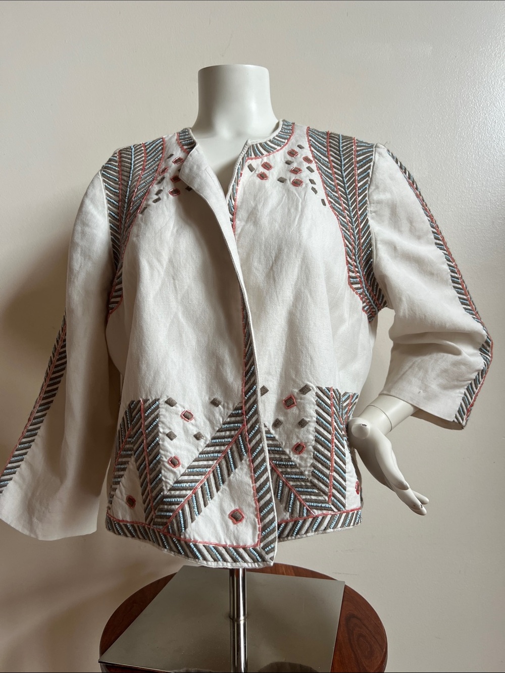 Chicos Embroidered Jacket with Multicolor Southwestern style beaded Trim